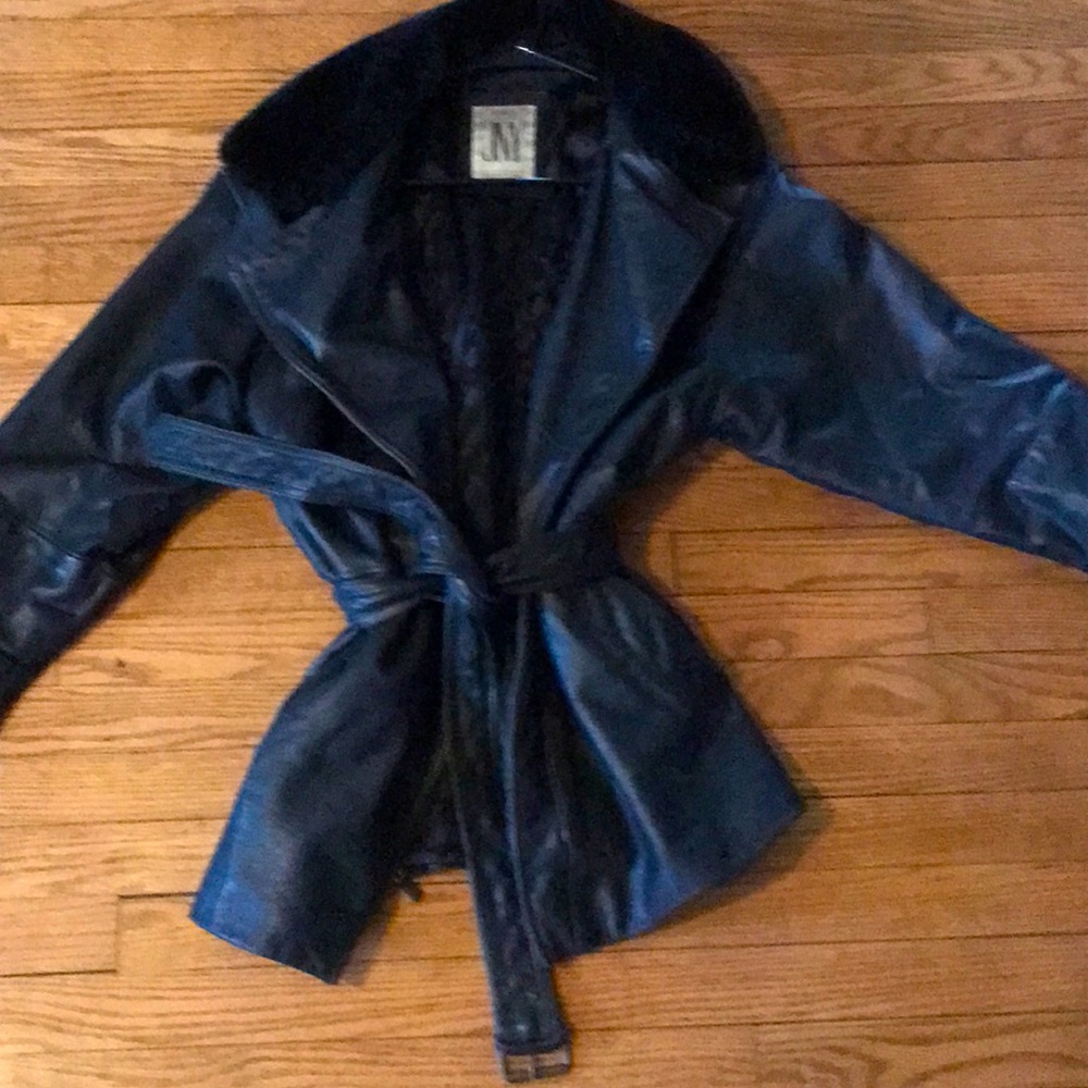 Black leather jacket with removable fur soft